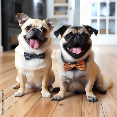 two pugs in bowties seated on wooden floor with joyous expressions