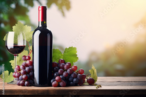 A bottle of red wine and a glass with a branch of grapes on a table