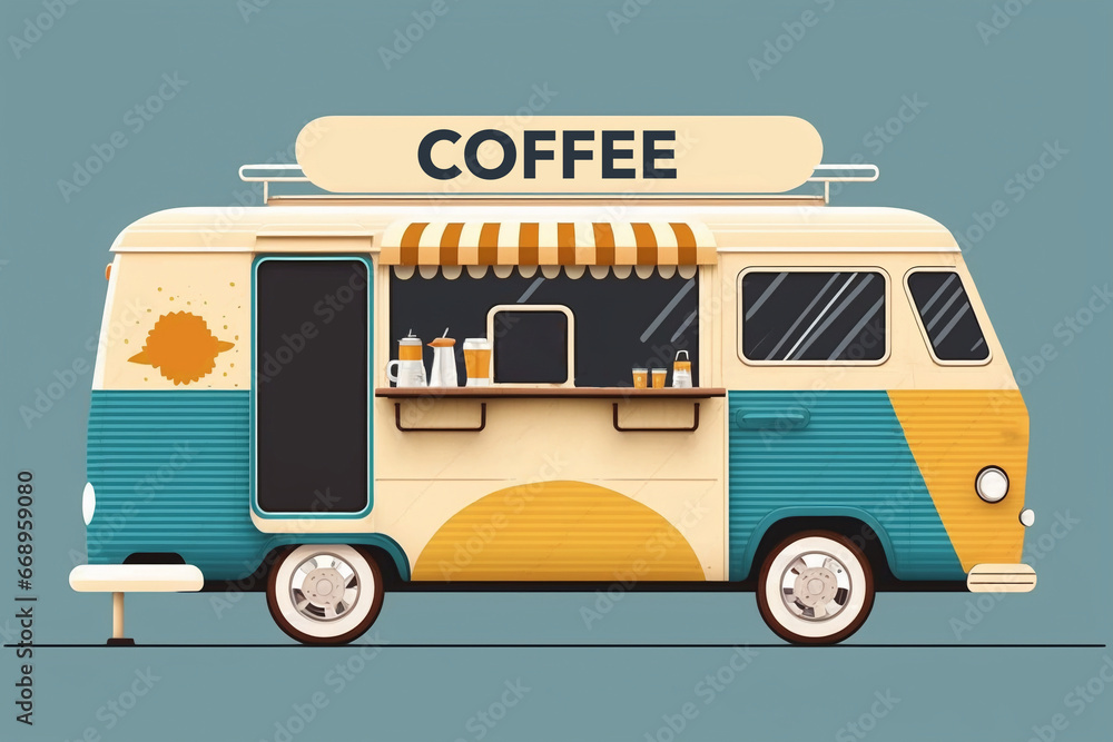 mobile coffee shop track. Modern street food. Street food van, mobile