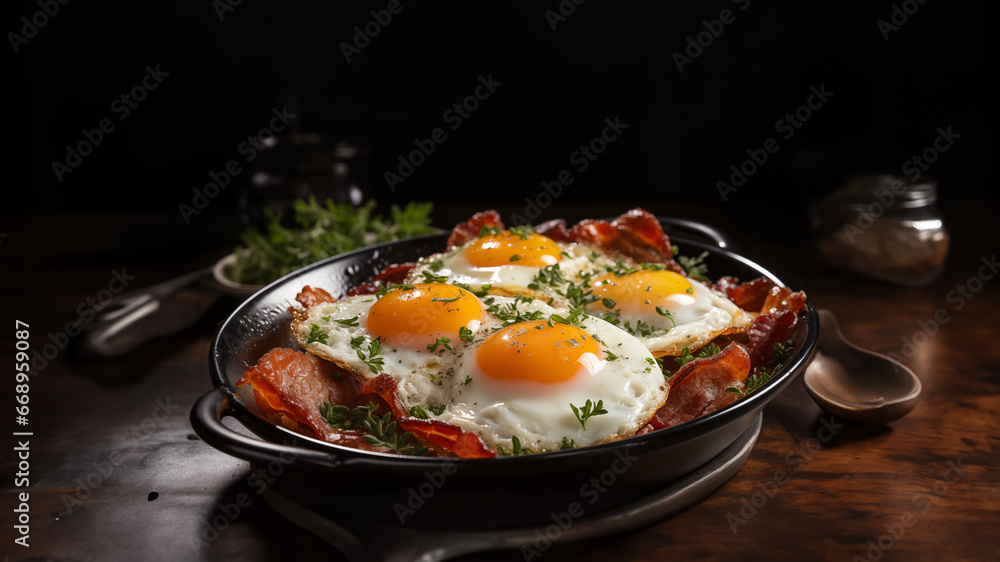 Leckere gebratene Spiegel Eier mit Toast Brot und Speck, garniert mit Petersilie und grüne Gewürze, ai generativ Leckere gebratene Spiegel Eier mit Toast Brot und Speck, garniert mit Petersilie und grüne Gewürze, ai generativ