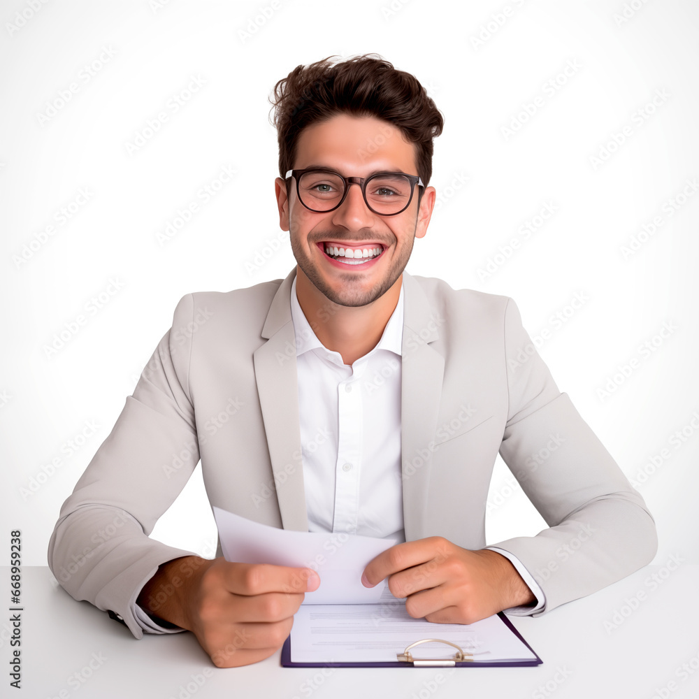 smiling businessman with paperwork on a minimalist white background smiling businessman with paperwork on a minimalist white background