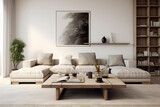 Modern living room interior with white sofa, coffee table and blank poster. Mock up, 3D Rendering