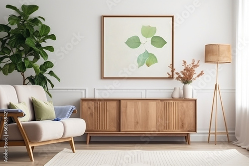 Interior of modern living room with wooden commode, armchair and flowers