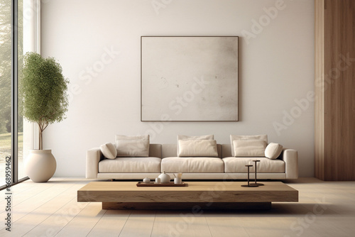 Modern living room interior with white sofa, coffee table and blank poster. Mock up, 3D Rendering © nudjaree