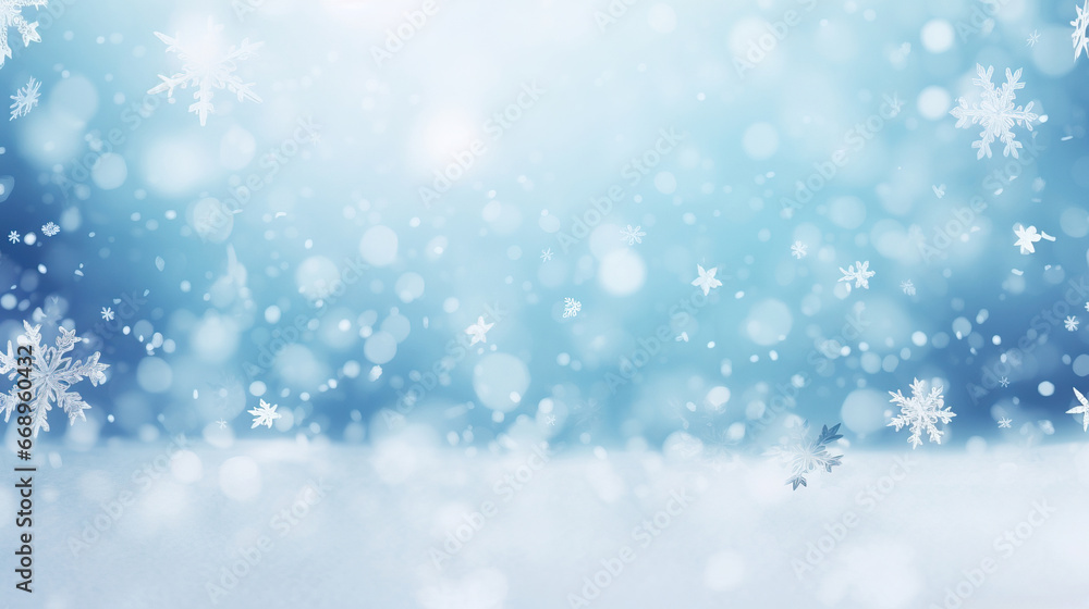 Beautiful snowfall white and blue background for Christmas. Falling snow and snowflakes in white and blue tones. 