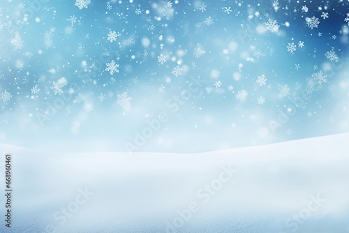 Beautiful snowfall white and blue background for Christmas. Falling snow and snowflakes in white and blue tones.  © RBGallery