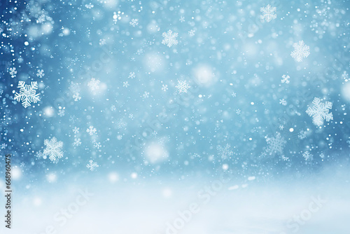 Beautiful snowfall white and blue background for Christmas. Falling snow and snowflakes in white and blue tones. 