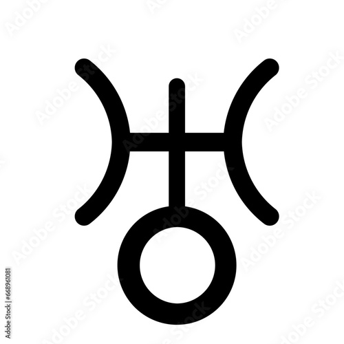 A large astrological uranus symbol in the center. Isolated black symbol