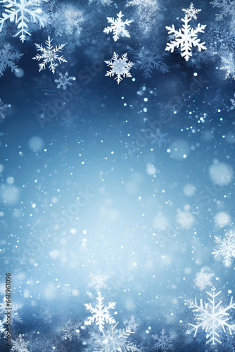 Abstract winter background with snowfall, a frozen Frosty on a blue background, and a Christmas frame with snowflakes in the sky