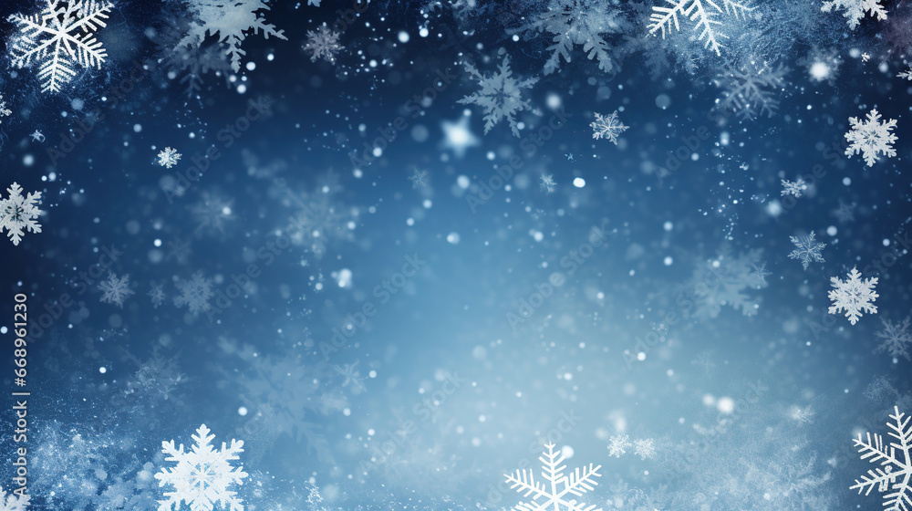 Abstract winter background with snowfall, a frozen Frosty on a blue background, and a Christmas frame with snowflakes in the sky