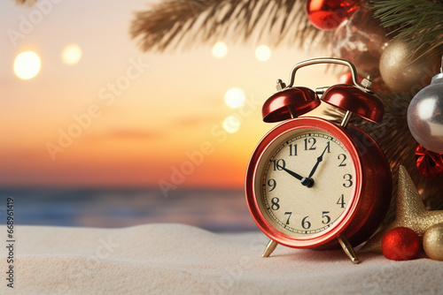 Alarm clock on the beach at sunset, with a pine tree decorated with Christmas ornaments in the background, selective focus. Banner or poster with copy space for text.