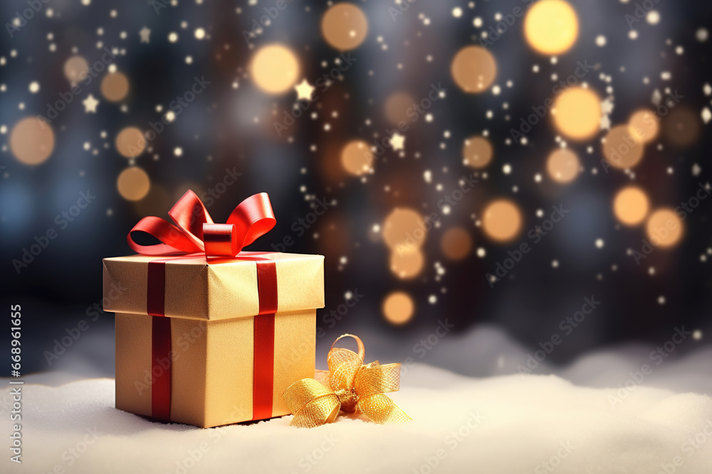 New Year and Christmas gift boxes on a white snow bokeh background, with copy space for text. New Year winter banner or poster. New Year and Christmas gift boxes on a white snow bokeh background, with copy space for text. New Year winter banner or poster.