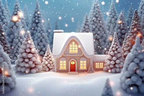 Winter Snowy Forest House with Christmas Decorations. Holiday Christmas Ornament Decoration, Copy Space, Banner, and Poster. © RBGallery