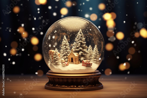 Christmas snow globe home decoration with fir trees on a winter snowfall bokeh background. Winter snowball showcase, snowy landscape copy space. © RBGallery