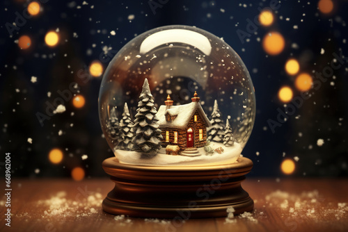 Christmas snow globe home decoration with fir trees on a winter snowfall bokeh background. Winter snowball showcase, snowy landscape copy space.