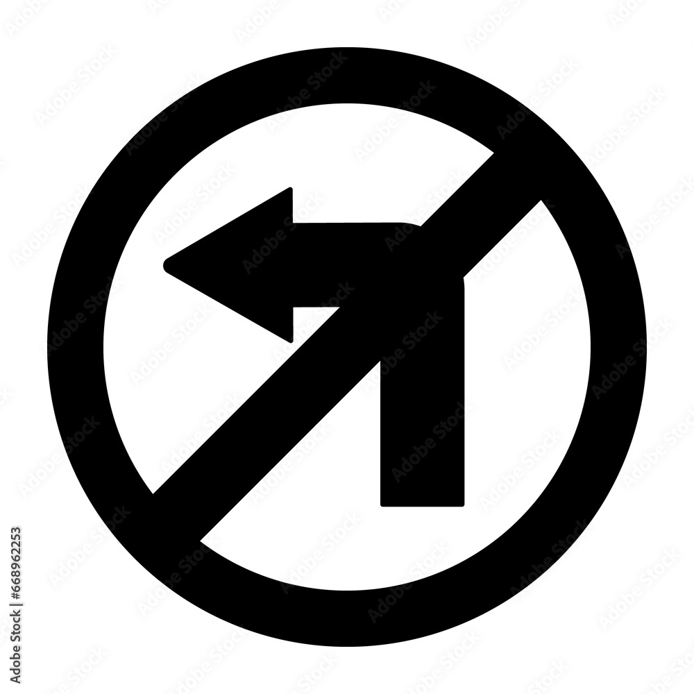 A large no left turn sign in the center. Isolated black symbol A large no left turn sign in the center. Isolated black symbol