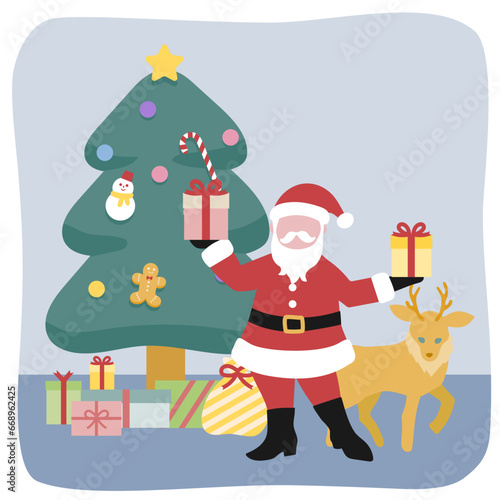 2つのプレゼントを持ったサンタクロースとクリスマスツリー、ツリーの周りに置かれたたくさんのプレゼントと寄り添う一頭のトナカイ