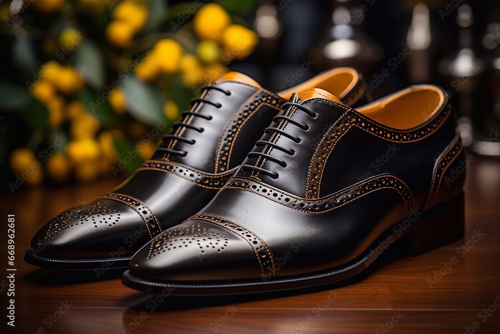 A photo of Man luxury brown leather shoes in a shop window close up on room Generative AI A photo of Man luxury brown leather shoes in a shop window close up on room Generative AI