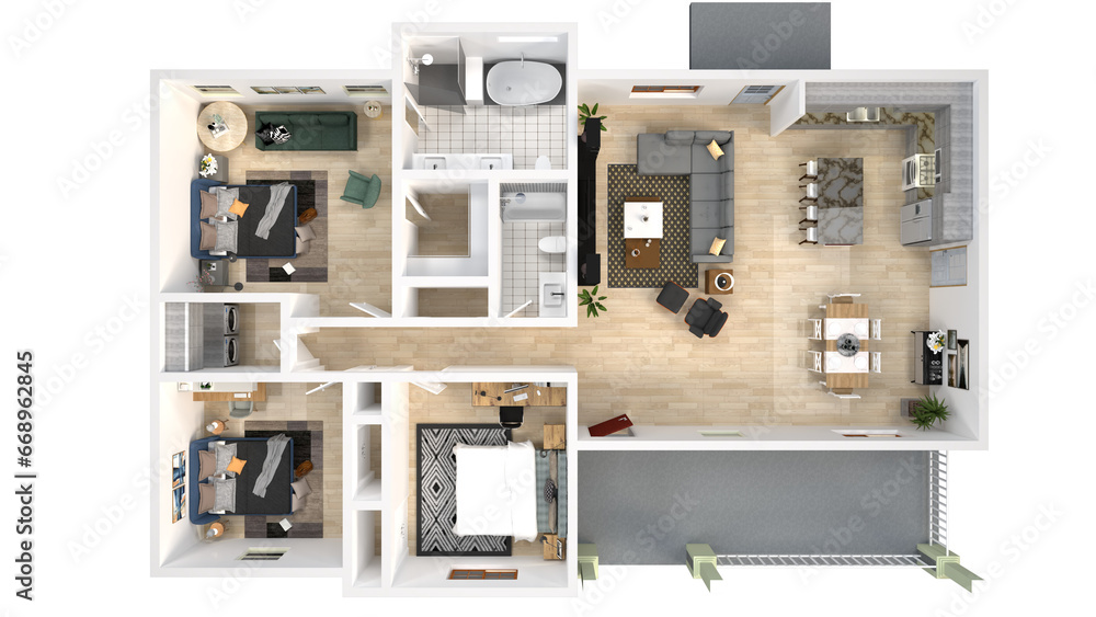 3 bed room house with 3d floor plan rendering. 3 bed room house with 3d floor plan rendering.