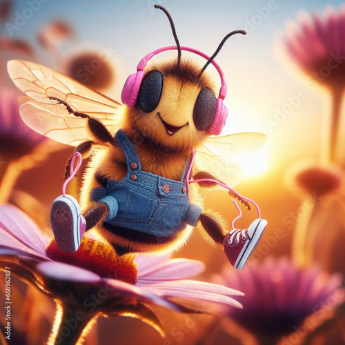 happy comic bee wearing jeans earphones and snikers at flower at sunrise macro close up shot photo