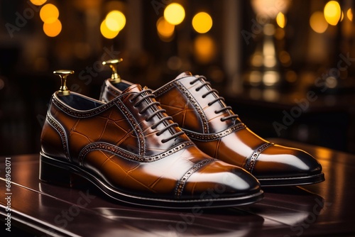 A picture of Man luxury brown leather shoes in a shop window close up on room Generative AI photo