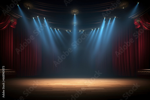 Magical Lighting Theater Stage with Red Curtains, Spotlight, and Festive Background, Copy Space, Banner or Poster