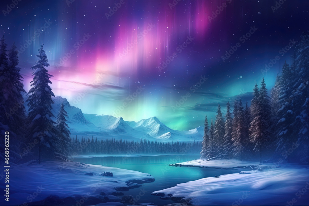 Beautiful Winter Landscape with Rainbow Northern Lights: Fantasy Night Background with Aurora and Reflection on the Water Surface. Amazing Colorful Wallpaper, Poster, or Banner with Copy Space