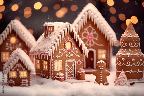 Beautiful and cozy Christmas gingerbread house with a bokeh background. A festive winter scene with holiday pastries, perfect for Christmas and New Year.