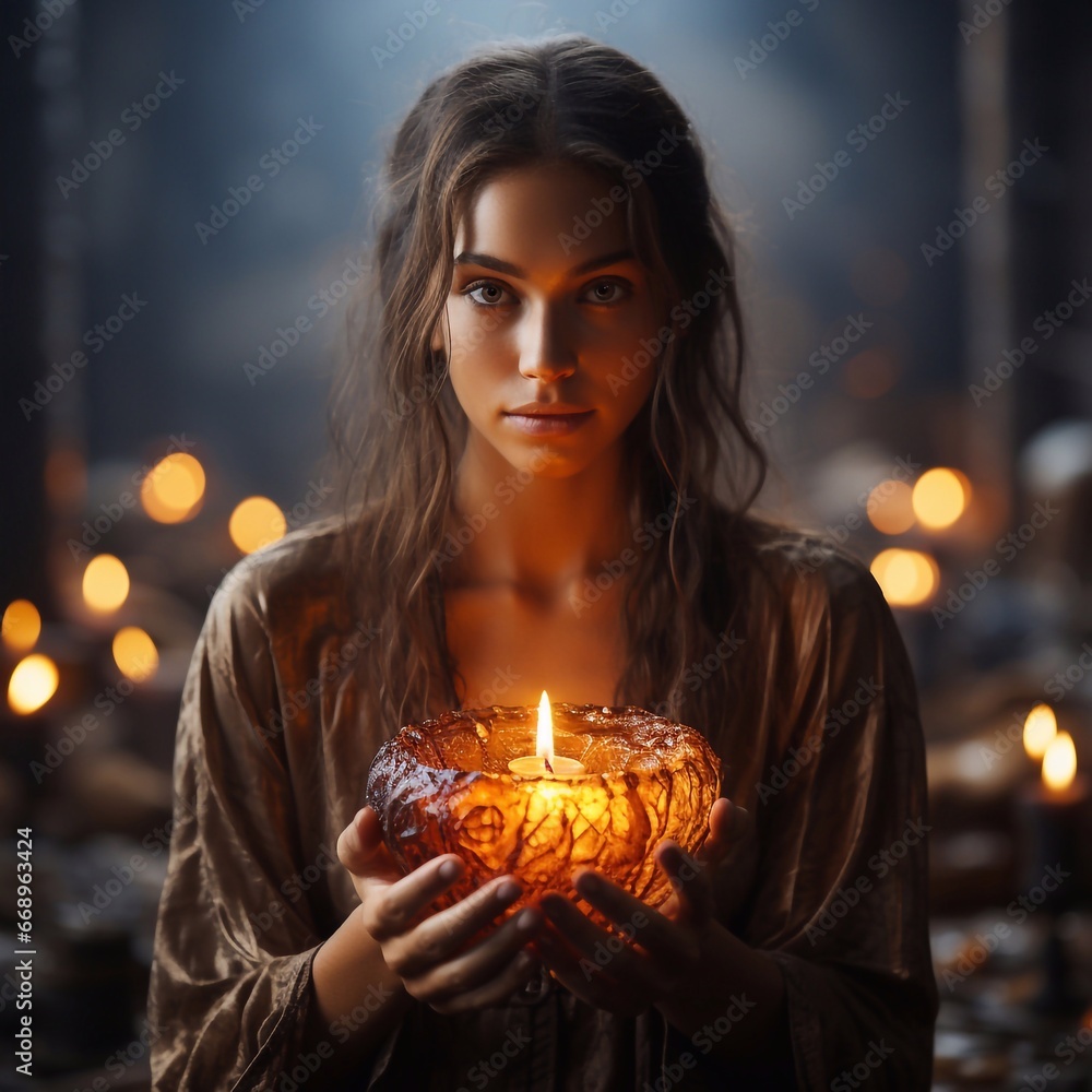 Candle in the hands of a woman on a dark background. Portrait of a beautiful girl with a candle in her hands Generative AI Candle in the hands of a woman on a dark background. Portrait of a beautiful girl with a candle in her hands Generative AI