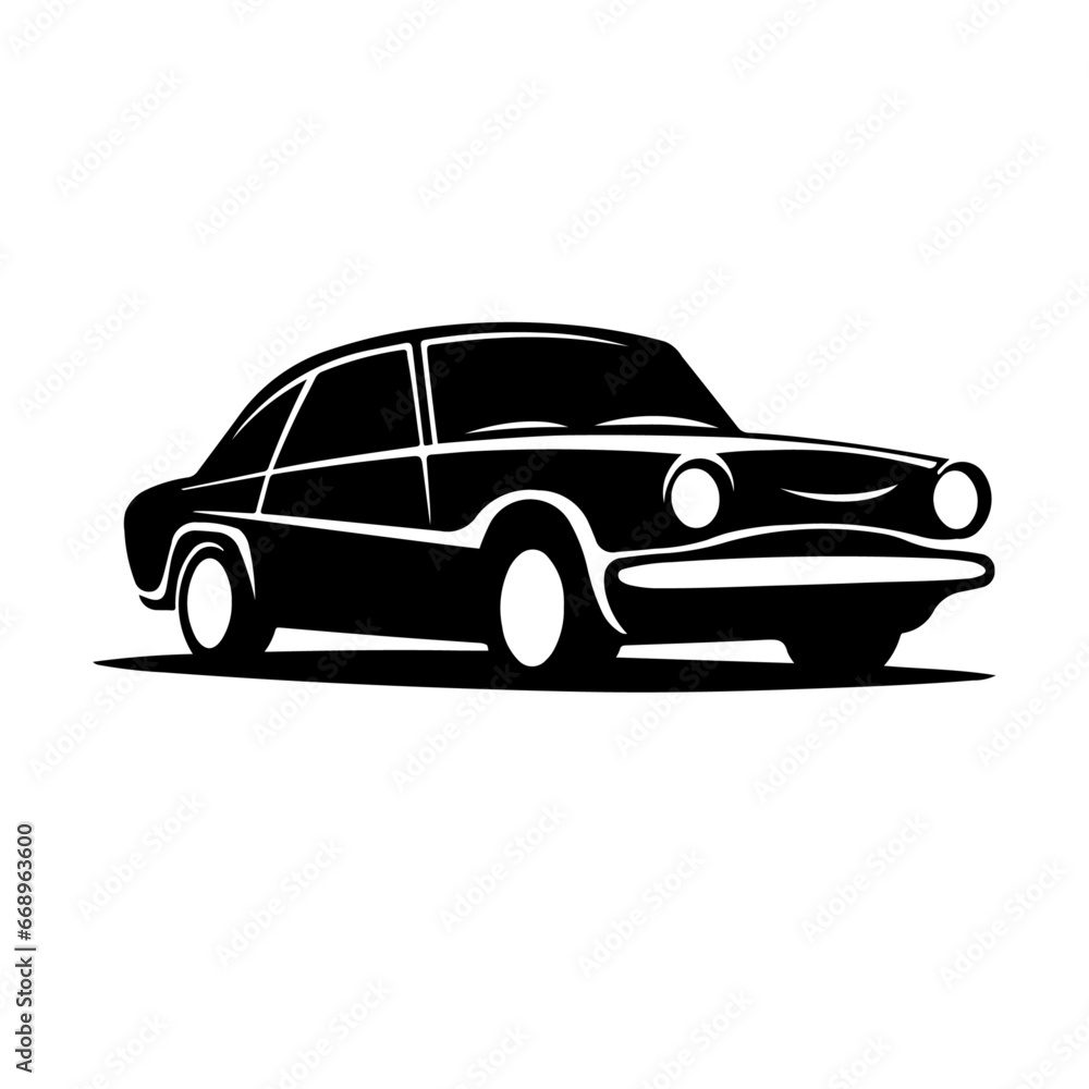 A large vintage car symbol in the center. Isolated black symbol. Vector illustration on white background