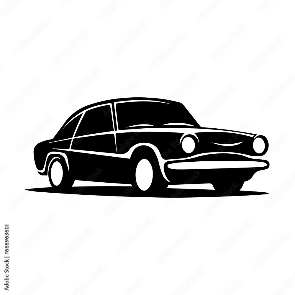 A large vintage car symbol in the center. Isolated black symbol. Illustration on transparent background
