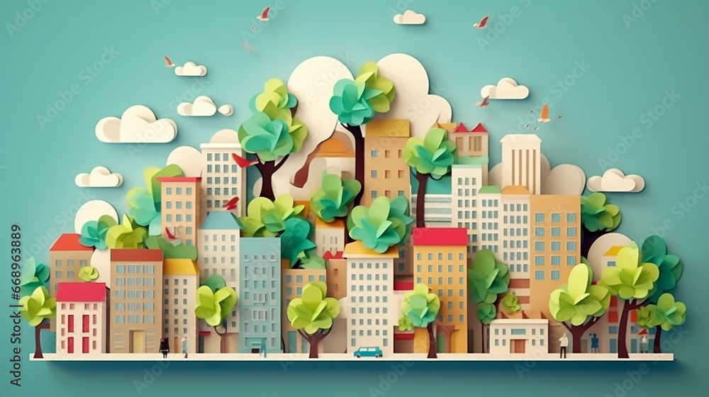 Tree surrounded by a buildings, paper art concept and world sustainable environment friendly idea, vector art and illustration