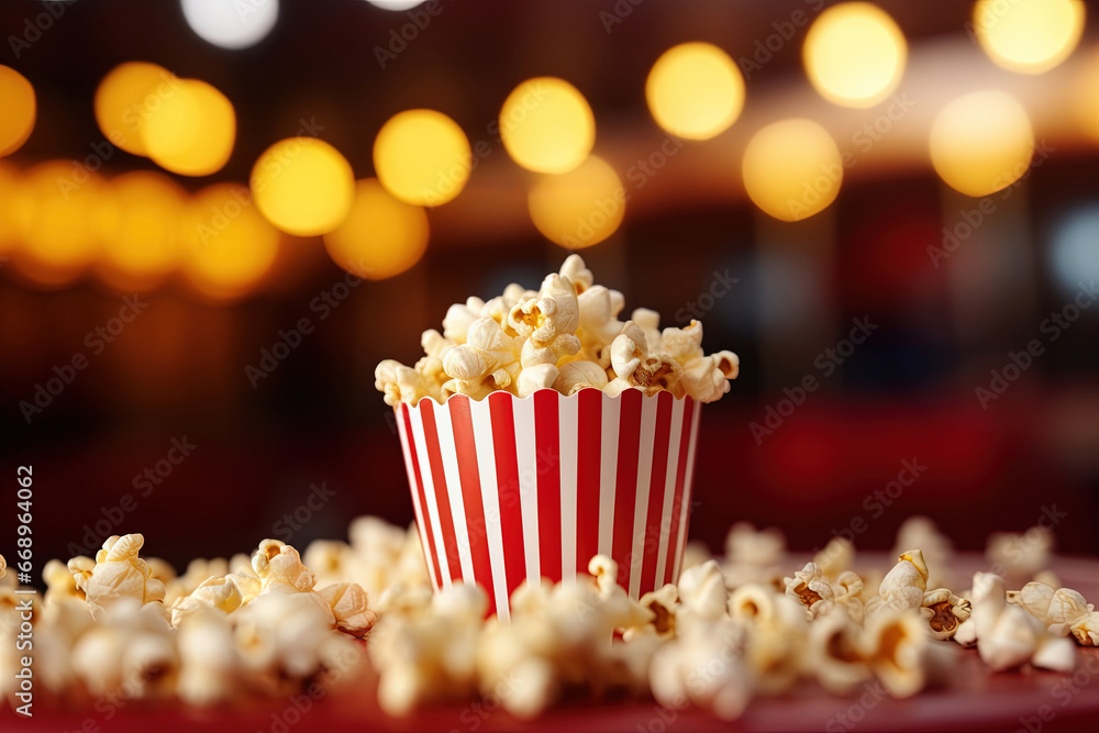 Cinema hall with popcorn in a plastic cup, movie night with bokeh lighting in the background. Watching movies, TV, or television with fried corn. Copy space for banner or poster.