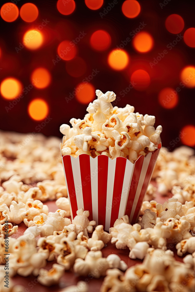 Cinema hall with popcorn in a plastic cup, movie night with bokeh lighting in the background. Watching movies, TV, or television with fried corn. Copy space for banner or poster.