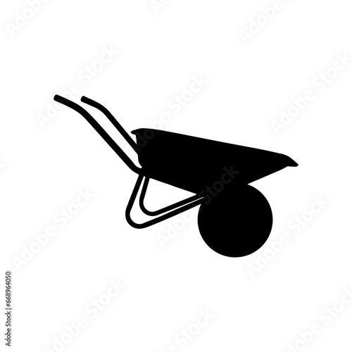 A large garden wheelbarrow symbol in the center. Isolated black symbol. Vector illustration on white background