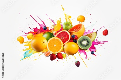 colorful paint and summer fruit explosion on transparent background