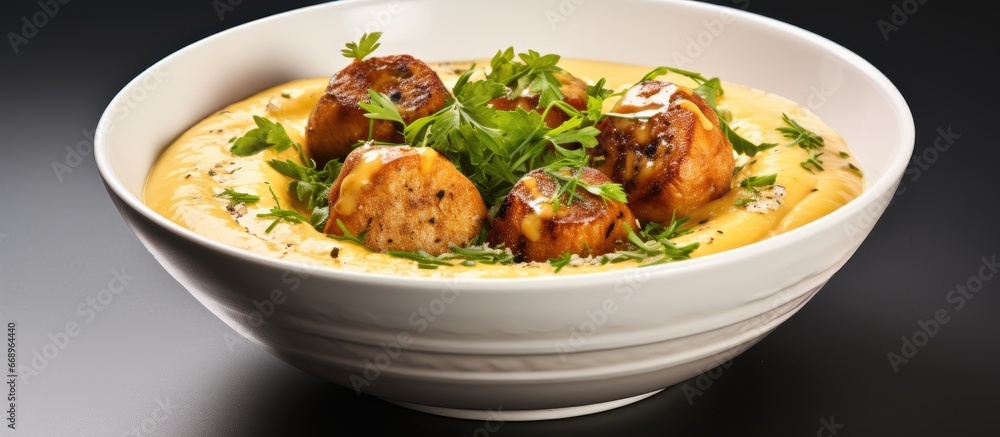 Pumpkin soup with chicken meatballs in a white bowl