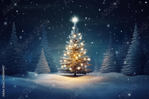 Christmas tree in a winter forest with copy space at night on a snowy landscape. Christmas snowfall forest background. Beautiful Christmas night banner or poster with copy space. © RBGallery