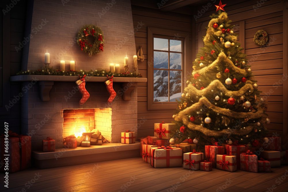 Home Interior Design with Living Room Decorated with Christmas Tree Lights, Magic Glowing Tree, Fireplace, and Gifts