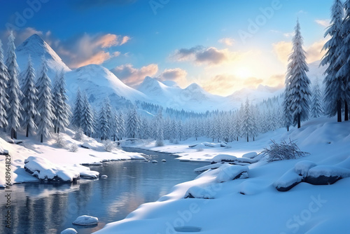 Winter Village Morning Landscape: Beautiful scenery with Matheson Lake in the background. Happy New Year celebration concept.