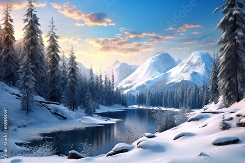 Winter Village Morning Landscape  Beautiful scenery with Matheson Lake in the background. Happy New Year celebration concept.