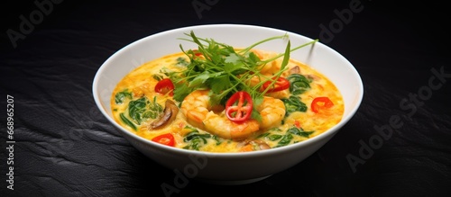 Thai style spicy soup with vegetable omelet featuring shrimp