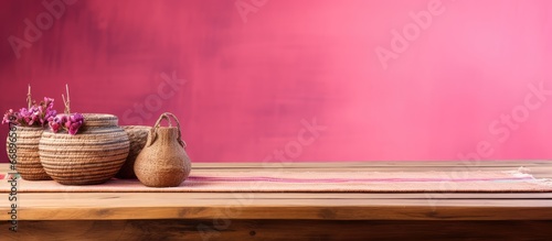 Mexican themed display with wooden table wicker mat and pink wall