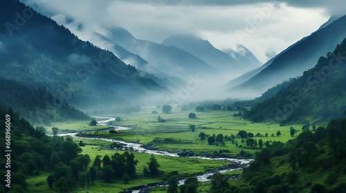 Aerial view of misty mountain valley in the morning © boxstock production