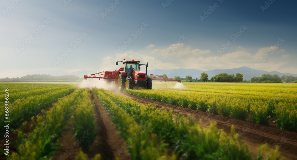 spraying pesticide with tractor at agriculture field spraying pesticide with tractor at agriculture field
