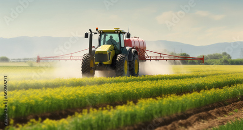spraying pesticide with tractor at agriculture field