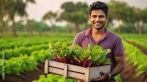 Young man holding full of beetroot box at agriculture field.