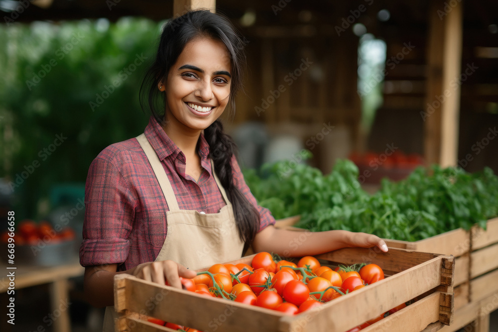 Young Indian woman holding a box full of red tomatoes in the field.