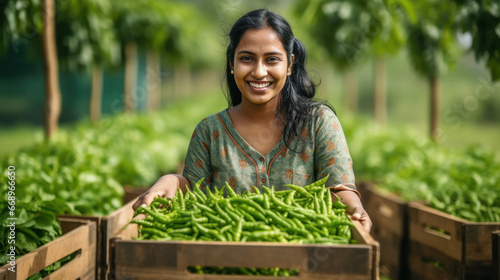 Young indian female farmer or gardner holding full of green chili box photo