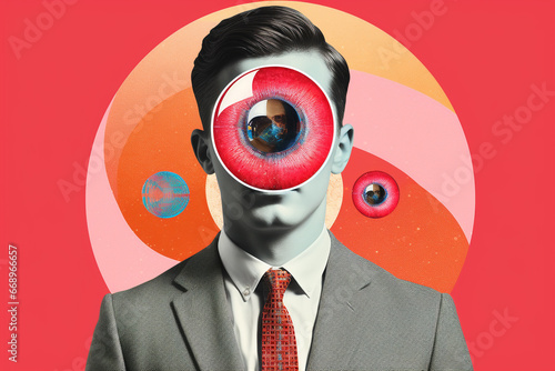 Abstract fine-art and pop-art illustration colorful collage of man with binoculars. Surreal and minimalist looking illustrative art with many details and patterns